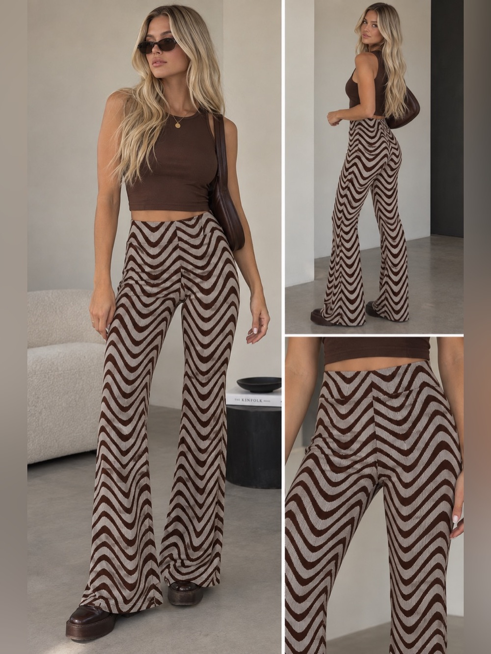 Urban Outfitters Brown Beige Wavy Chevron Knit Flare Pants XS TP UO Bryan Pull